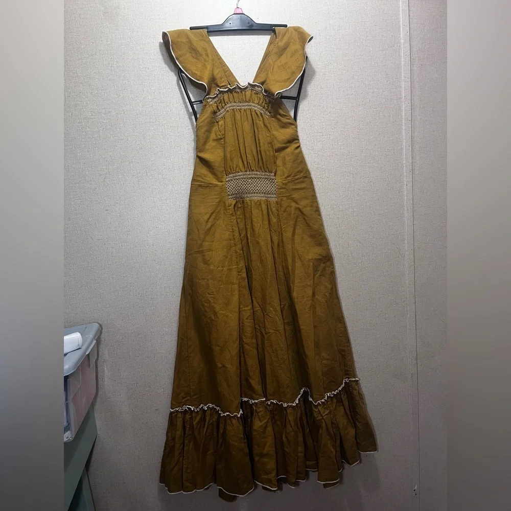 Free People Mustard Yellow Backless Ruffle Midi Dress